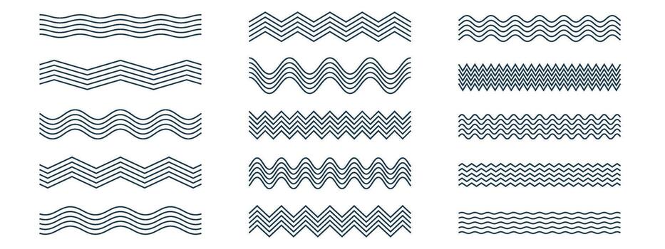 Wave line pattern set. Wavy, ripple, squiggle strokes with zigzag variations included. seamless border collection. Dividers for headers, frames, graphic designs. Curve elements for web layouts. vector