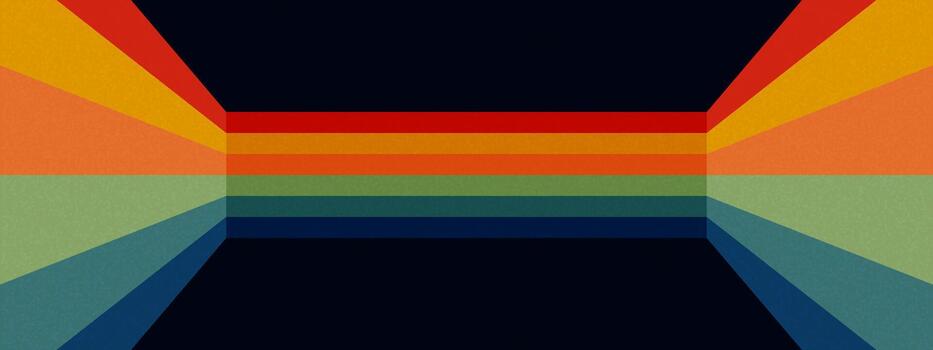 Retro perspective line background with rainbow stripes forming dimensional space on dark backdrop. Abstract geometric parallel flow pattern with vanishing point convergence. vector