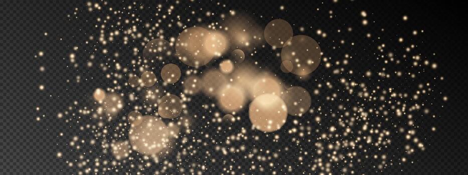 Gold dust bokeh light effect background with glitter particles. Golden confetti dots, flare orbs, and magic sparkles create champagne glow on black. shine texture for festive firework designs vector