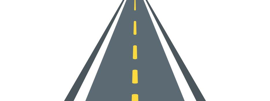 Road with perspective view showing highway stretching toward horizon on white backdrop. sphalt illustration displays yellow lane markings, creates depth effect with vanishing point. graphic vector