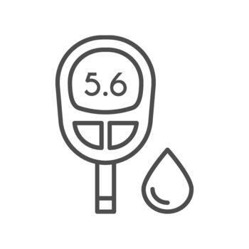 Glucometer flat line icon. outline pictogram of blood glucose meter displaying reading with droplet, medical device for diabetes monitoring, testing, and sugar level measurement vector