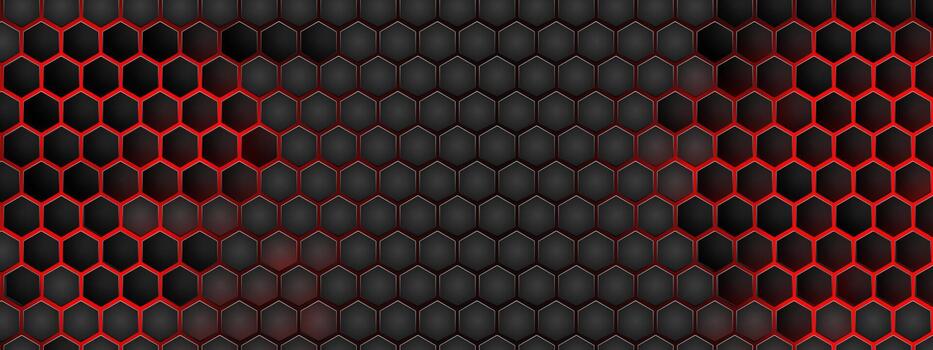 Red hexagon metal backdrop with honeycomb texture on black surface. Cyberpunk pattern displays neon mesh, steel geometric grid with tech architecture elements. structure vector
