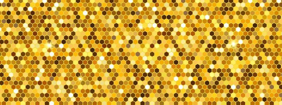 Golden hexagon pattern. Honeycomb background with mosaic texture. Yellow disco tiles, sparkle cells, glitter hex grid. seamless wallpaper with bee comb structure. Template for party backdrop. vector