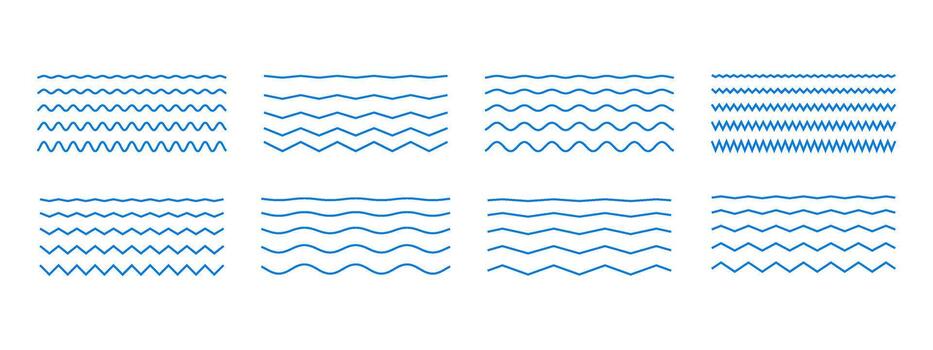 Blue wave border set. Ripple, squiggle, curve, zigzag line variations included. seamless graphic elements pack. Wavy strokes for water themes, sea designs, decorative frames. vector