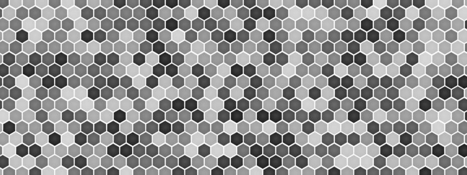 Hexagon mosaic pattern with grey and white tiles creating honeycomb texture. Geometric floor design, ceramic elements, marble tones across surface. structure with minimal gradient vector