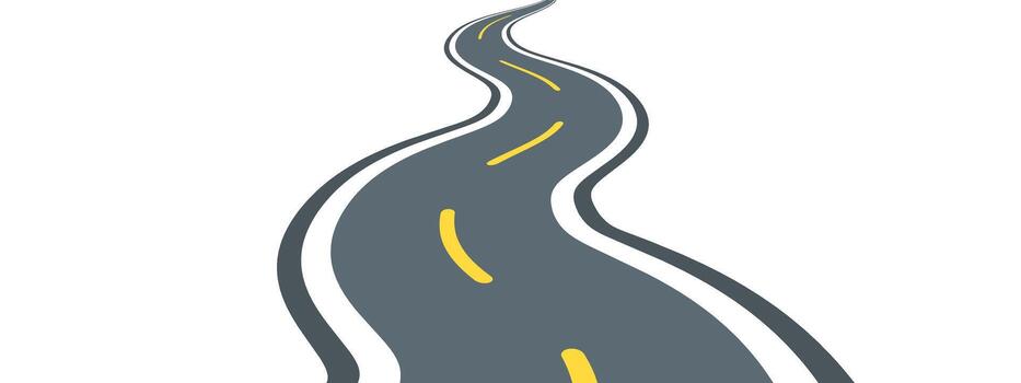 Winding highway with curve perspective showing asphalt path on white backdrop. illustration features grey pavement with yellow lane markings, white border lines. Graphic icon for journey vector