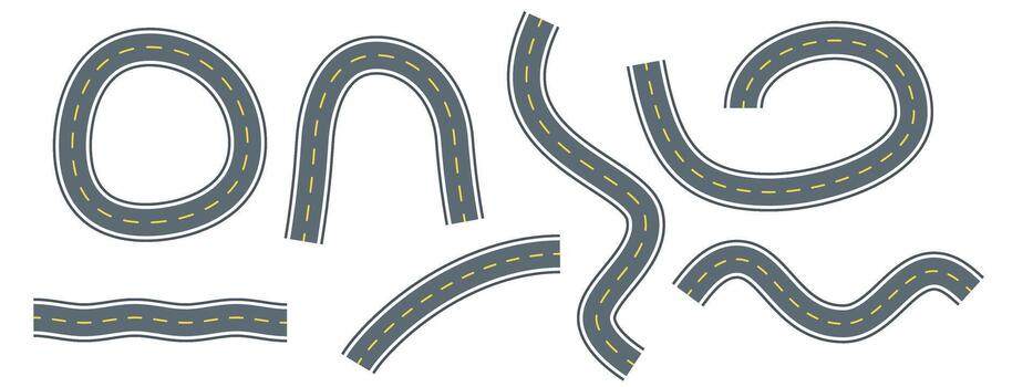 la carretera segmentos con parte superior ver autopista rutas en juguetón estilo. calle elementos, círculos, curvas, en niño simpático ilustración. gráfico pista colección para juguete carrera diseños, vector