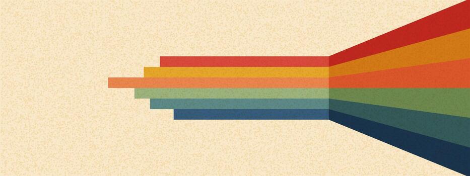 Rainbow perspective line background with retro 70s aesthetic on faded paper texture. Abstract geometric stripes in vintage color palette pattern with groovy parallel waves vector