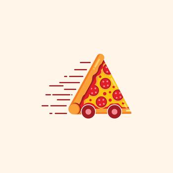A whimsical pizza slice on wheels, symbolizing fast and efficient pizza delivery service with a playful design vector