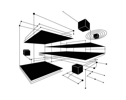 Abstract geometric composition with black cubes and layered planes connected by lines and dots representing data flow or network vector