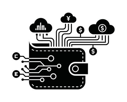 digital billetera conectado a nube servicios y varios moneda símbolos representando en línea financiero actas vector