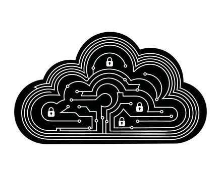 Abstract digital cloud shape with integrated circuit board lines and padlock icons representing cybersecurity and data protection vector