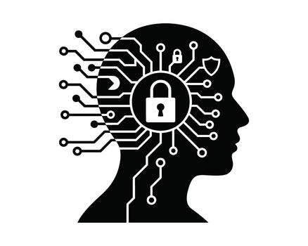 Digital brain silhouette with padlock and circuitry symbolizing cybersecurity and artificial intelligence vector