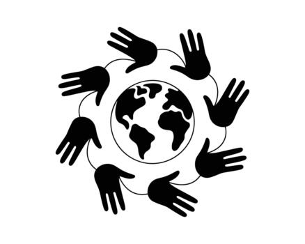 Diverse hands reaching out to connect and support the planet earth in a circular unity vector