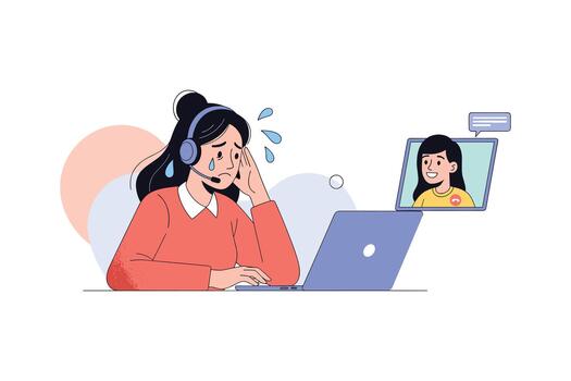 Stressed Customer Service Agent Dealing with Happy Client During Call vector