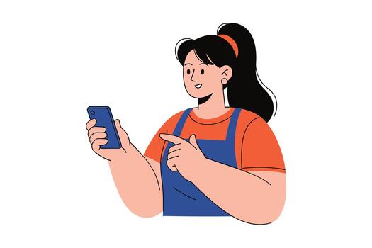 sonriente mujer utilizando móvil teléfono y conmovedor pantalla vector