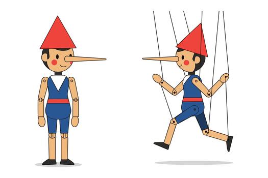 Cartoon Pinocchio Puppet Character with Long Nose Standing and Controlled by Strings vector