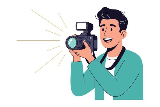 Smiling Professional Photographer Taking a Picture with DSLR Camera and Flash Illustration vector