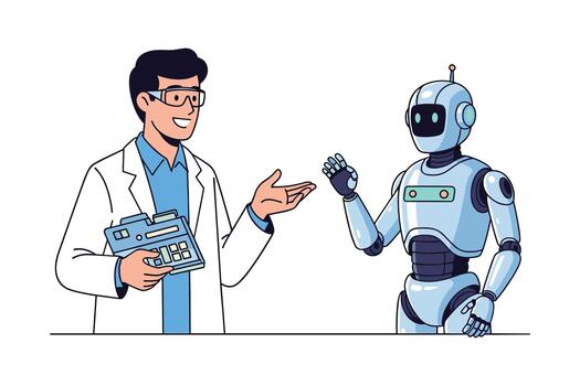 Smiling Scientist Talking to Modern Humanoid Robot in Laboratory Setting Illustration vector