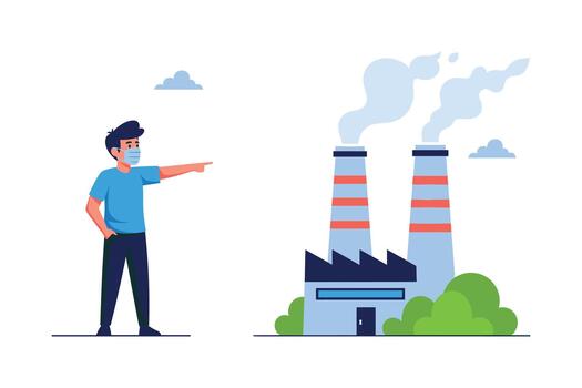 Man in Face Mask Pointing at Factory Emitting Smoke from Smokestacks vector