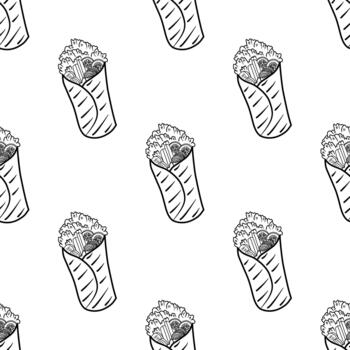 Kebab Pattern background. Rolled Sandwich doodle illustration pattern. Shawarma pattern background. Meat wrap background. Burrito pattern background. Grill roll pattern. vector
