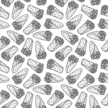 Meat wrap background. Kebab Pattern background. Burrito pattern background. Grill roll pattern. Rolled Sandwich doodle illustration pattern. Shawarma pattern background. vector