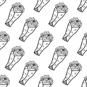 Rolled Sandwich doodle illustration pattern. Meat wrap background. Kebab Pattern background. Shawarma pattern background. Grill roll pattern. Burrito pattern background. vector