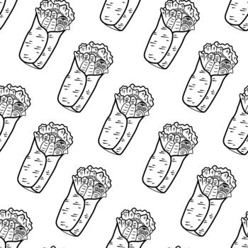 Middle Eastern wrap. Meat wrap background. Kebab Pattern background. Burrito pattern background. Grill roll pattern. Shawarma pattern background. Rolled Sandwich doodle illustration pattern. vector