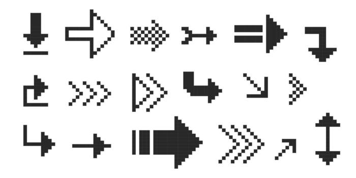 Pixel arrow set. Pixel art different directions 8 bit gaming console style sign. Interface icon. Collection vector