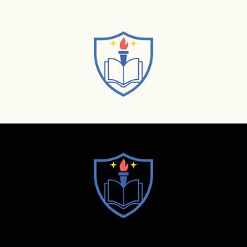 Education logo design with book and torch in shield for school college university academy and learning center vector