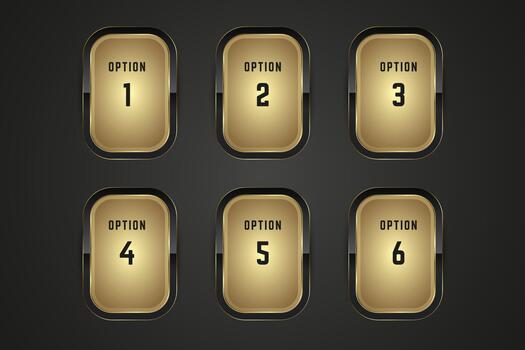 Set of gold Options for web buttons design with smooth edges and a subtle inner glow, radiating sophistication and prestige on dark background vector