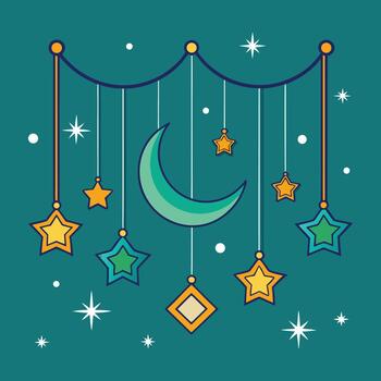 a crescent and stars hanging from a string vector