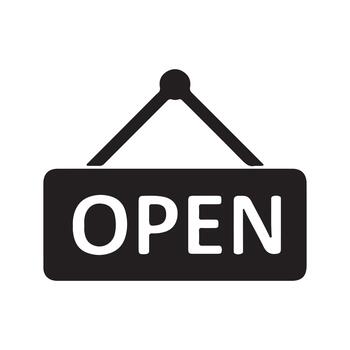 Welcoming open sign illustration. A simple flat business icon for a storefront door or window, indicating store hours and availability vector