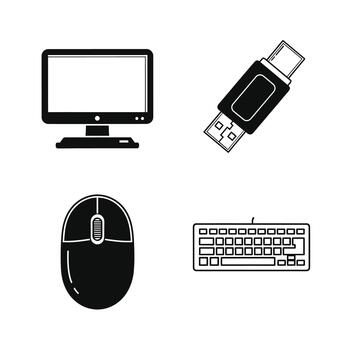 Computer Hardware Icons Monitor, USB Drive, Mouse, Keyboard - Black and White, modern vector