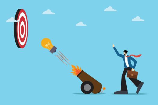 illustration of a businessman using a cannon to shoot a light bulb toward a target, symbolizing creativity, innovation, and strategic thinking in achieving business goals. vector