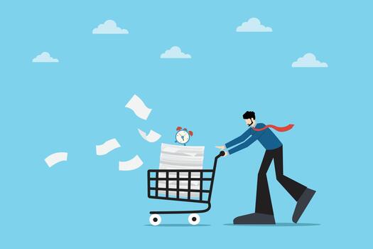 illustration of a businessman pushing a shopping cart filled with documents and a clock, representing time pressure, workload, and productivity management in business life. vector