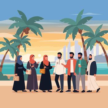 Diverse group of people enjoying a sunny day at a beach with palm trees vector