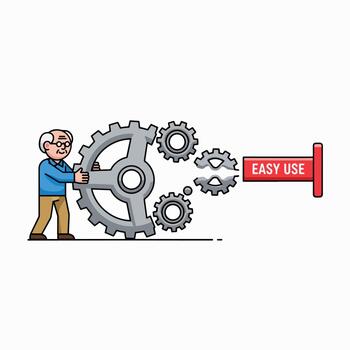 Elderly man with gears and 'easy use' label, representing simplicity vector