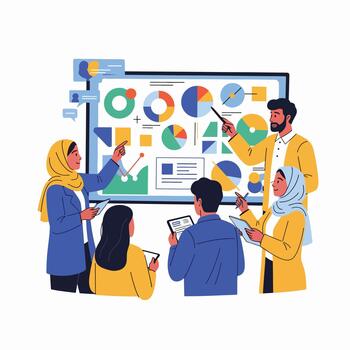 Business Team Discussing Project Ideas Using Digital Whiteboard vector