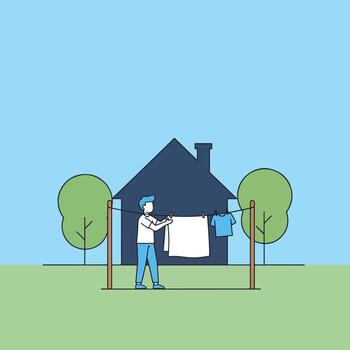 Man Hanging Laundry on Clothesline with House and Trees in Background vector