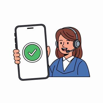 Customer service representative with phone displaying a checkmark vector