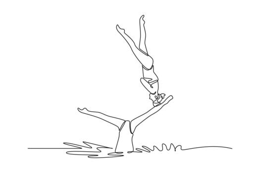 Single one line drawing two creative women are performing synchronized, upside-down vertical pose with one supporting the other in water. Modern continuous line draw design graphic illustration vector
