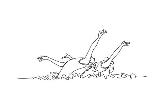 continuo uno línea dibujo dos mujer son ejecutando sincronizado espalda diseño sculling con brazos extendido. gracia y fluido movimiento de acuático deporte. soltero línea dibujar diseño gráfico ilustración vector