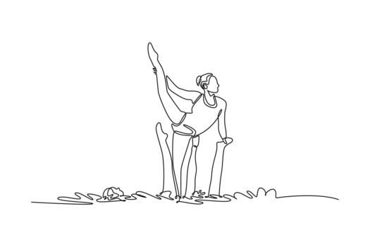 Continuous one line drawing three active women are performing synchronized partner lift in the water, with one balanced upright and extending a leg. Single line draw design graphic illustration vector
