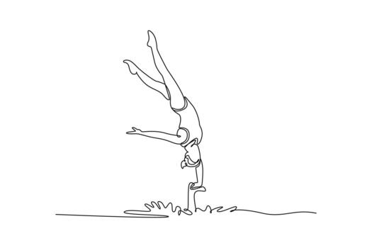 Continuous one line drawing woman is performing a vertical handstand in the water. The complex balance and graceful inversion of artistic swimming. Single line draw design graphic illustration vector