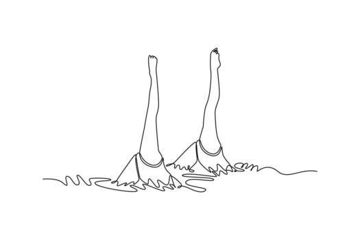 soltero continuo línea dibujo dos mujer son ejecutando Perfecto sincronizado vertical posición en agua, con solamente su piernas extendido encima superficie. uno línea dibujar gráfico diseño ilustración vector