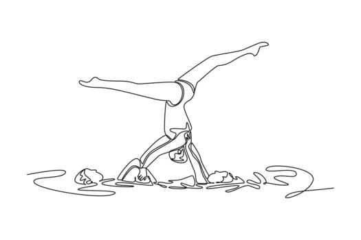 soltero continuo línea dibujo Tres mujer son ejecutando un sincronizado compañero levantar en agua, con uno equilibrado invertido encima otros en división pose. uno línea dibujar gráfico diseño ilustración vector