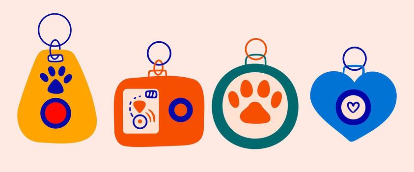 Set of gps pet trackers keychains of different shapes and colors. vector