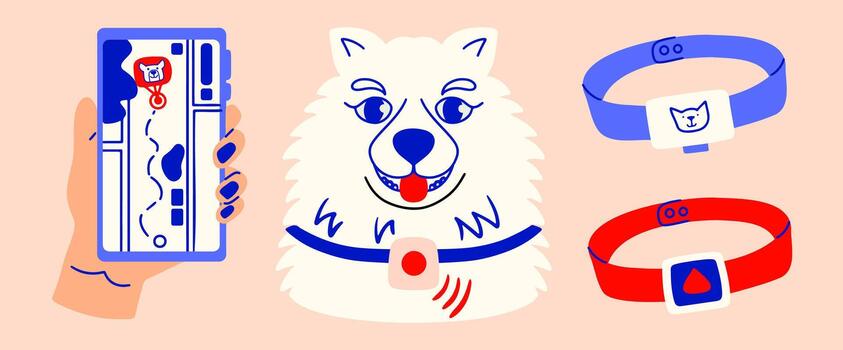 Samoyed dog in collars with GPS pet tracking system. Hand holds smartphone with animal geolocation program vector