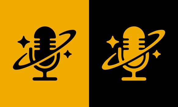 Dynamic microphone icon with orbiting rings and sparkling stars on contrasting yellow and black backgrounds vector
